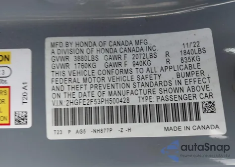 2023 Honda Civic Sport from USA, damaged, VIN 2HGFE2F53PH500428